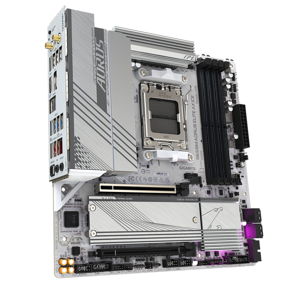 GIGABYTE B650M AORUS ELITE AX ICE Motherboard - Supports AMD Ryzen 8000 CPUs, 12+2+2 Phases Digital VRM, up to 8000MHz DDR5 (OC), 1xPCIe 5.0 + 1xPCIe 4.0 M.2, Wi-Fi 6E, 2.5GbE LAN, USB 3.2 Gen 2