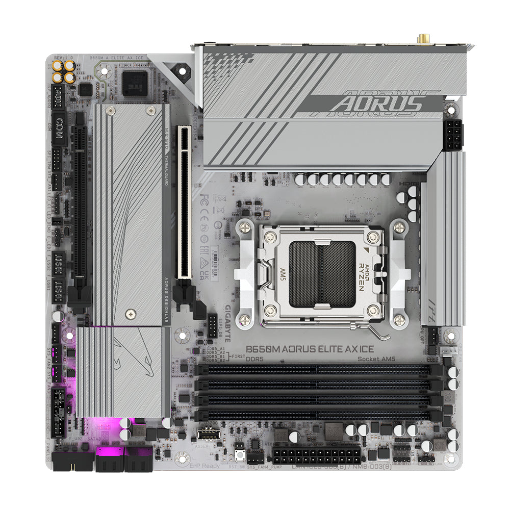 GIGABYTE B650M AORUS ELITE AX ICE Motherboard - Supports AMD Ryzen 8000 CPUs, 12+2+2 Phases Digital VRM, up to 8000MHz DDR5 (OC), 1xPCIe 5.0 + 1xPCIe 4.0 M.2, Wi-Fi 6E, 2.5GbE LAN, USB 3.2 Gen 2