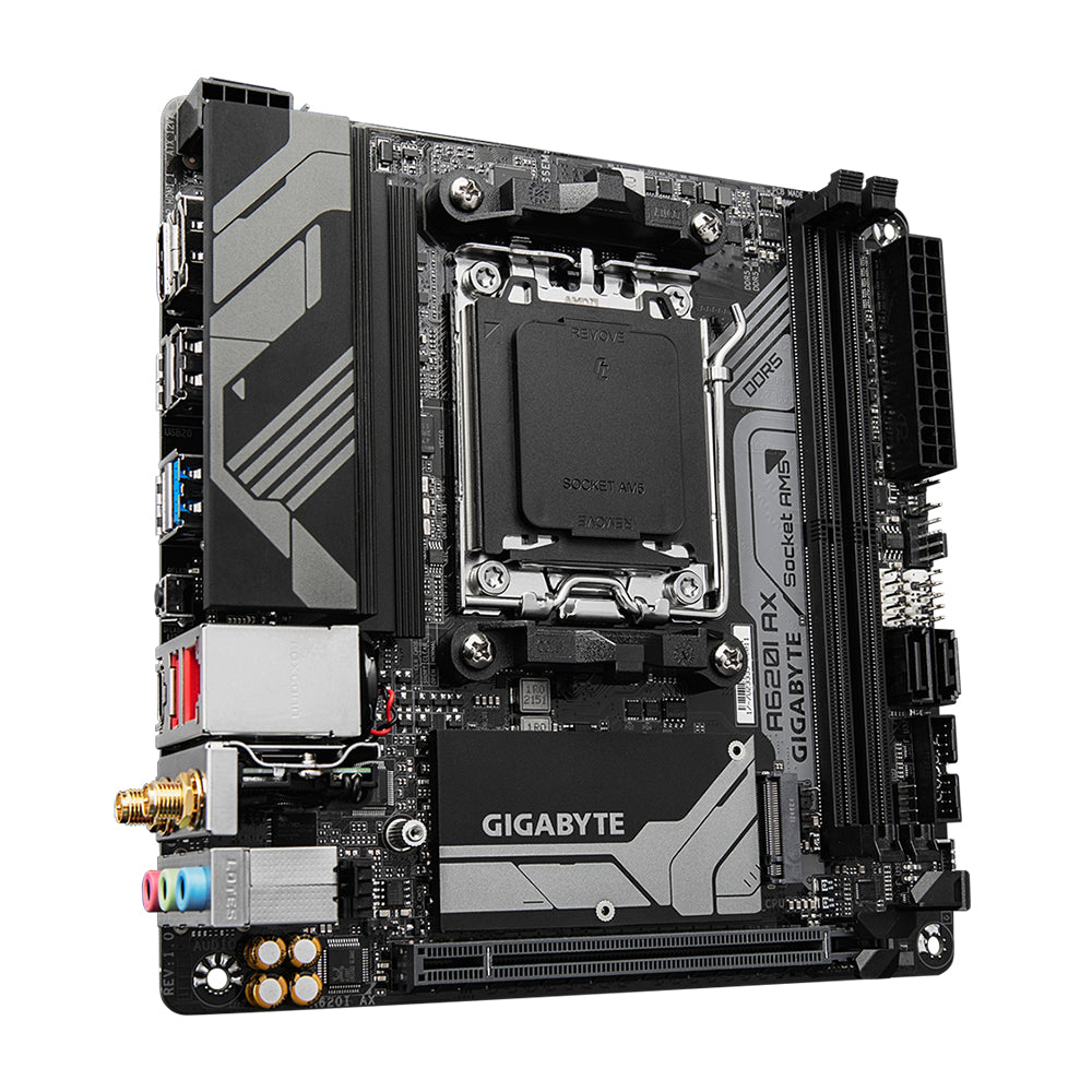 GIGABYTE A620I AX Motherboard - Supports AMD Ryzen 8000 CPUs, 5+2+1 Phases Digital VRM, up to 6400MHz DDR5 (OC), 1xPCIe 4.0 M.2, Wi-Fi 6E, 2.5GbE LAN, USB 3.2 Gen 2