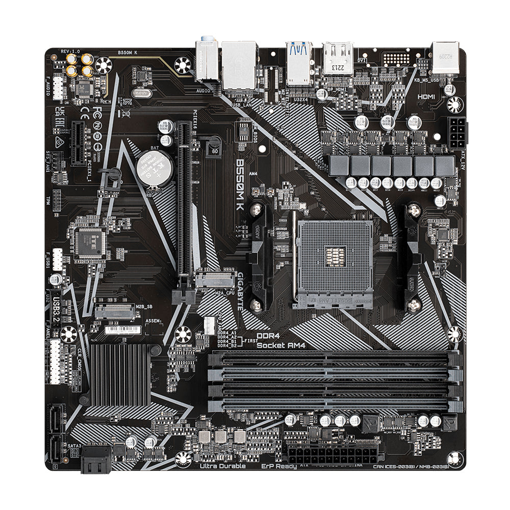 GIGABYTE B550M K Motherboard - Supports AMD Ryzen 5000 Series AM4 CPUs, up to 4733MHz DDR4 (OC), 2xPCIe 3.0 M.2, GbE LAN, USB 3.2 Gen1