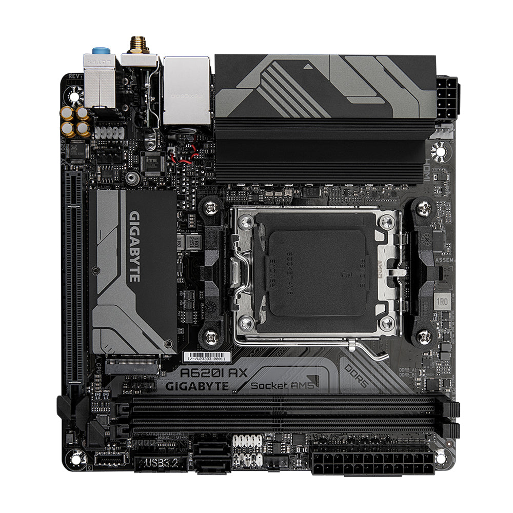 GIGABYTE A620I AX Motherboard - Supports AMD Ryzen 8000 CPUs, 5+2+1 Phases Digital VRM, up to 6400MHz DDR5 (OC), 1xPCIe 4.0 M.2, Wi-Fi 6E, 2.5GbE LAN, USB 3.2 Gen 2