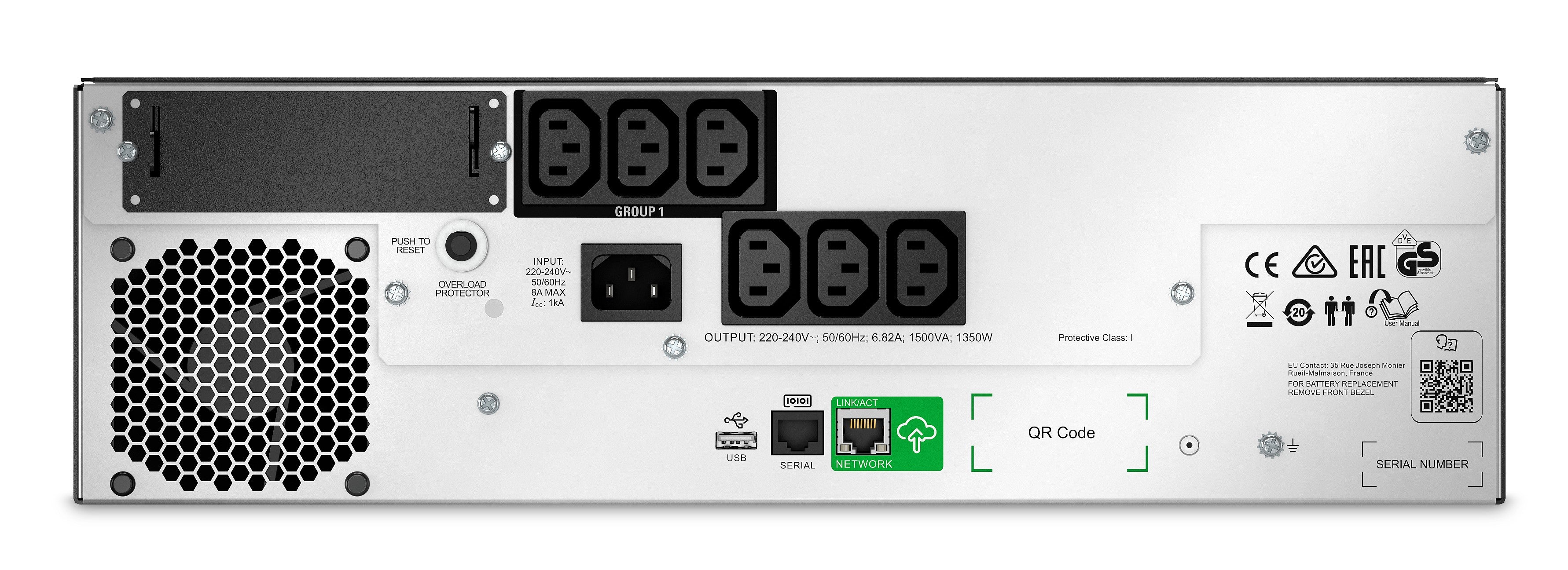 APC Smart-UPS, Line Interactive, 1500VA, Lithium-ion, Rackmount 3U, 230V, 6x IEC C13 outlets, SmartConnect Port+SmartSlot, Short Depth, AVR, LCD