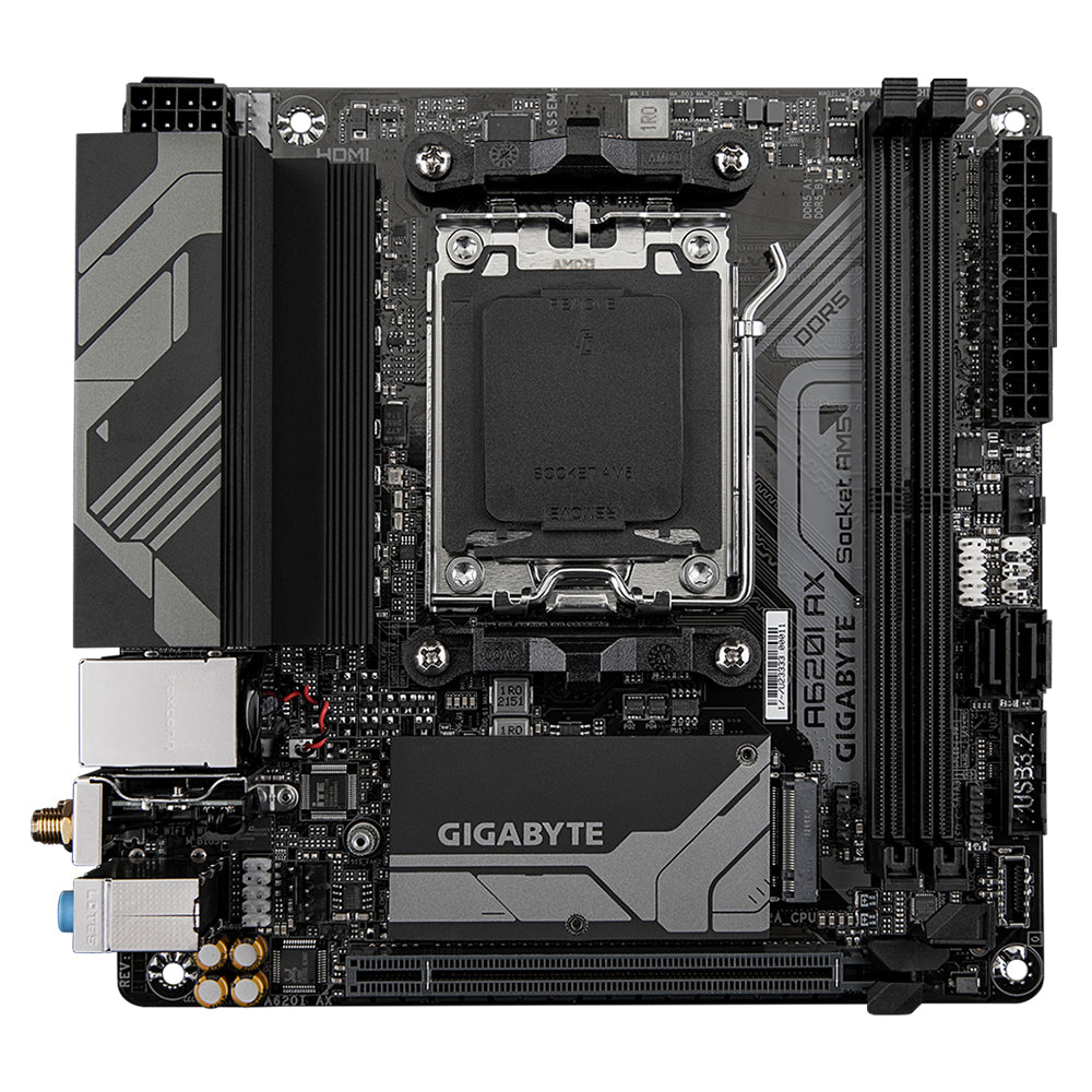 GIGABYTE A620I AX Motherboard - Supports AMD Ryzen 8000 CPUs, 5+2+1 Phases Digital VRM, up to 6400MHz DDR5 (OC), 1xPCIe 4.0 M.2, Wi-Fi 6E, 2.5GbE LAN, USB 3.2 Gen 2