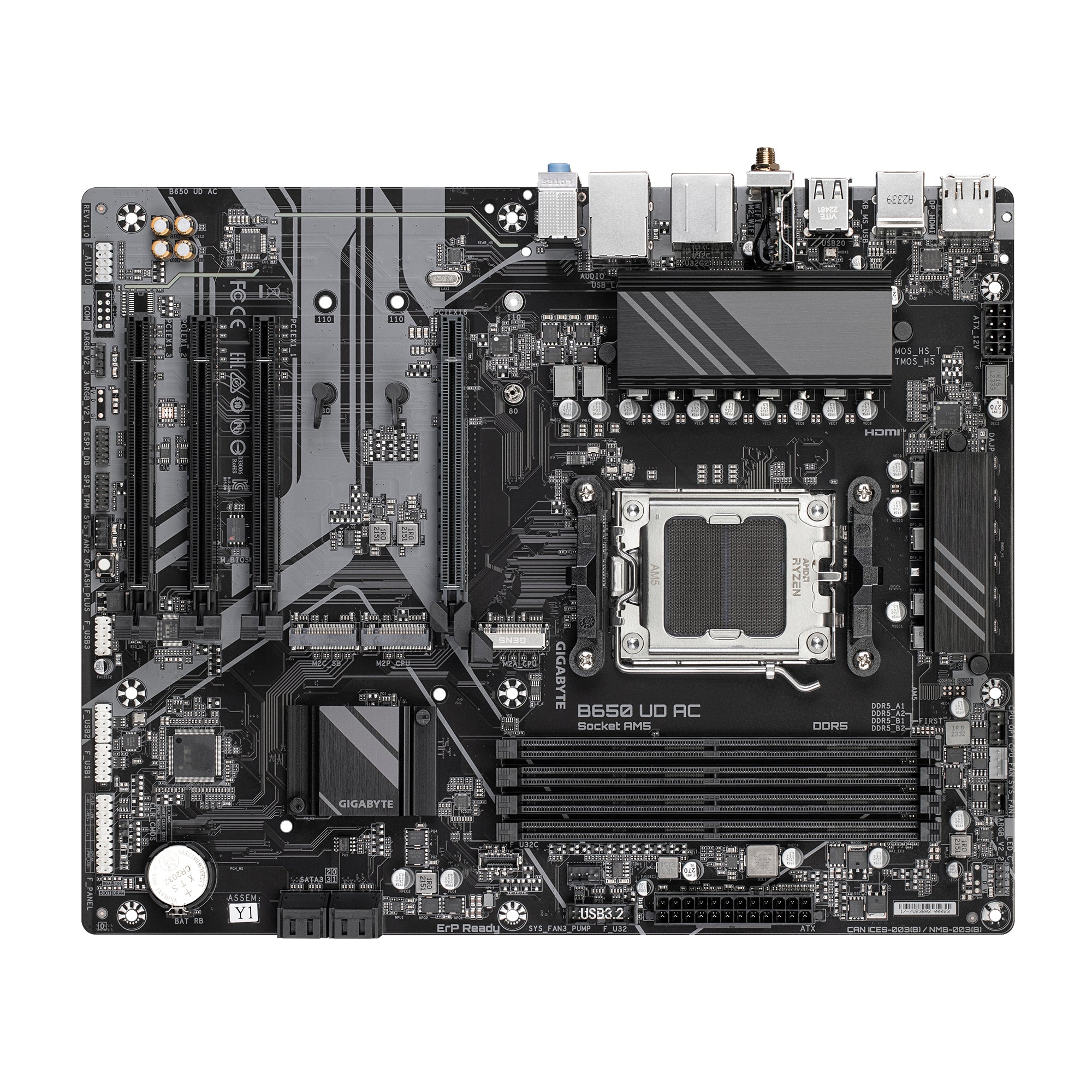 GIGABYTE B650 UD AC Motherboard - Supports AMD Ryzen 8000 CPUs, 6+2+2 Phases Digital VRM, up to 7600MHz DDR5, 1xPCIe 5.0 M2 + 2xPCIe 4.0 M.2, Wi-Fi 6E, GbE LAN , USB 3.2 Gen 2