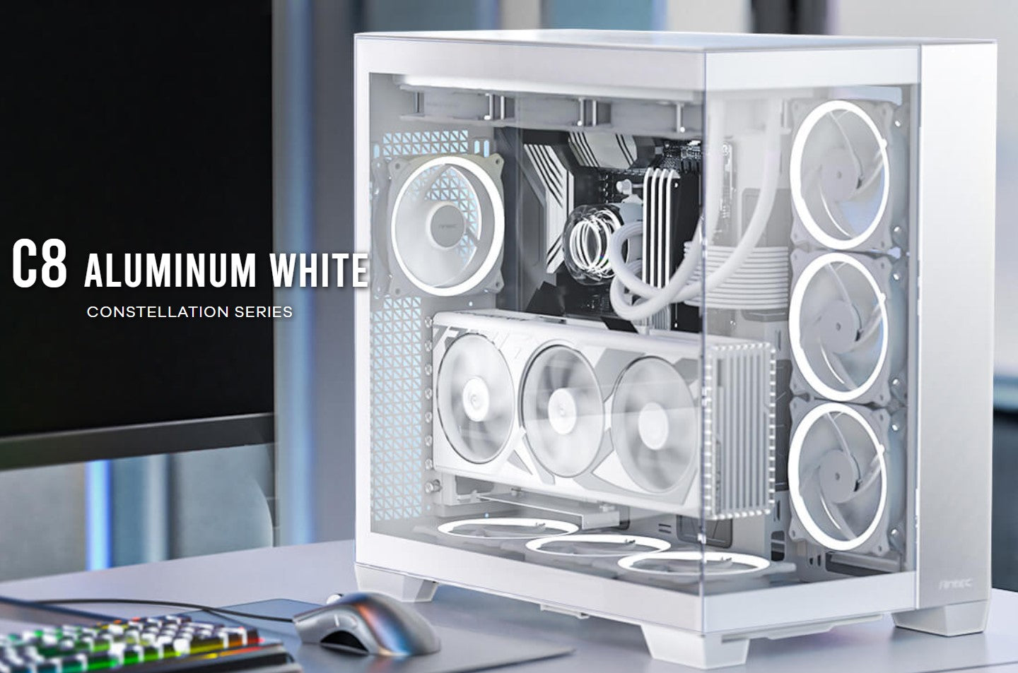 Gaming DesktopAntec C8 Aluminum White E-ATX Seamless Edge View Front and Side