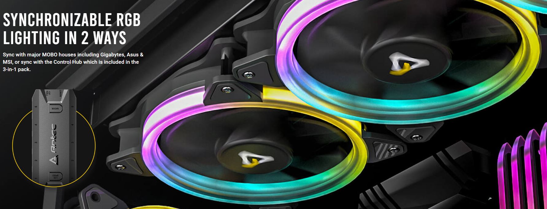 Antec Neon 12CM ARGB 3 Pack + Controller - Full Spectrum ARGB Spiral Visual appealing & Heat dissipation, Hydraulic,  4P PWN, 3P PWR, 120mm Case Fan