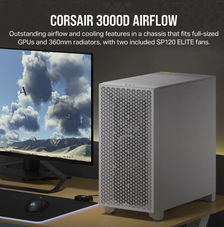 Corsair Carbide Series 3000D Solid Steel Front ATX Tempered Glass White, 2x 120mm Fans pre-installed. USB 3.0 x 2, Audio I/O. Case