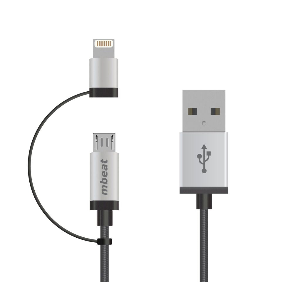 mbeat® 1m Lightning and Micro USB Data Cable - 2-in-1/Aluminmum Shell Crush-Proof/Nylon Braided/Silver/ Apple/Andriod Tablet Mobile Device