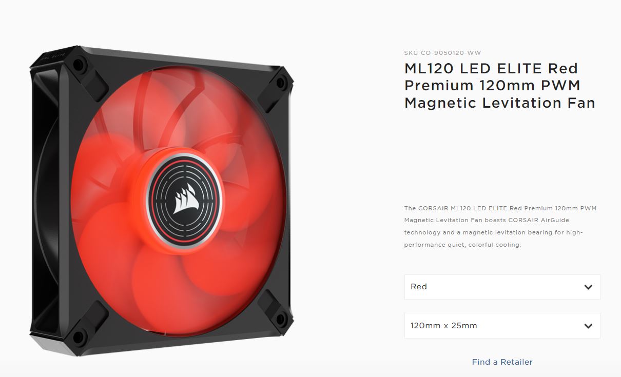 Corsair ML ELITE Series, ML120 LED ELITE, 120mm Magnetic Levitation Red LED Fan with AirGuide, Single Pack