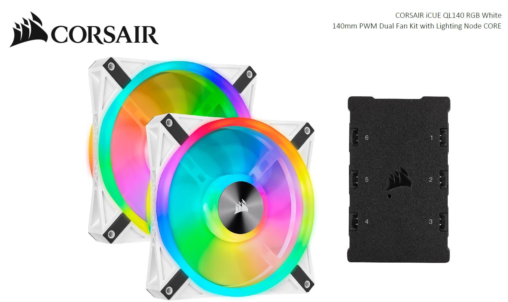 Corsair QL140 RGB White Dual Fan Kit with Lighting Node Core, ICUE, 140mm RGB LED PWM Fan 26dBA, 50.2 CFM, 2 Fan Pack