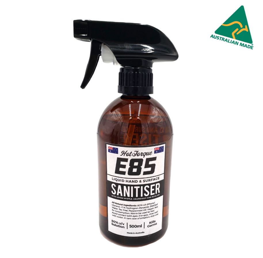 HotTorque E85 Hand & Surface Sanitiser 500ml, 80% Ethanol, 100% Australian Made, WHO & TGA Standard, Natural Ingredients, Tea Tree & Peppermint Oil