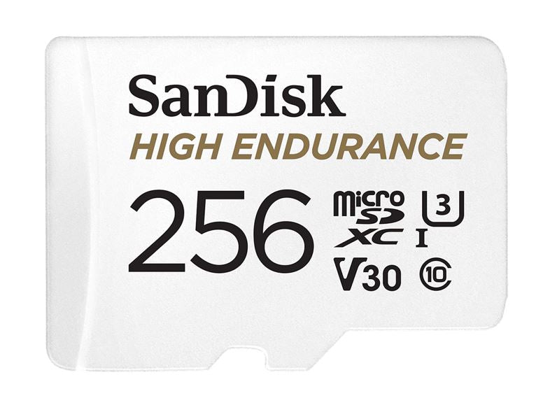 SanDisk High Endurance 256GB microSD 100MB/s 40MB/s 20K hrs 4K UHD C10 U3 V30 -40°C to 85°C Heat Freeze Shock Temperature Water X-ray Proof SD Adapter