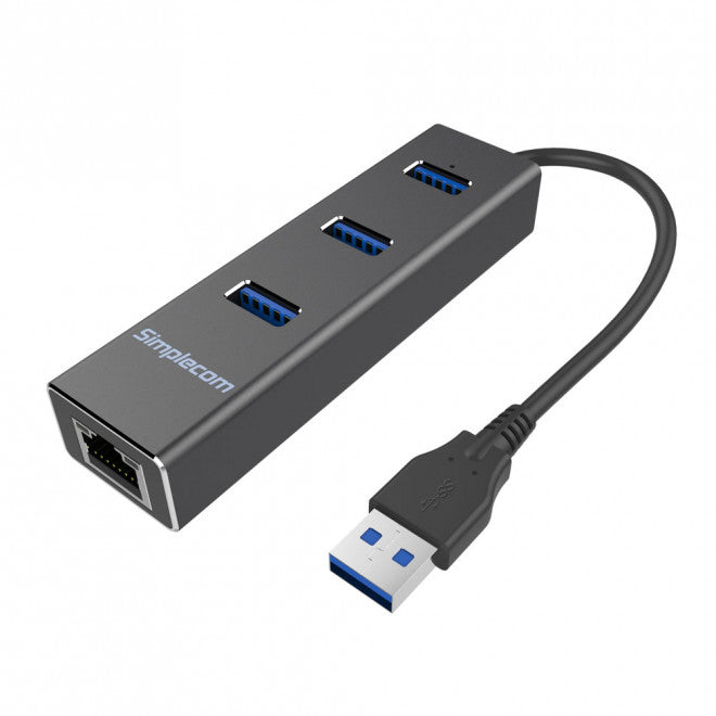 Simplecom CHN410 Black Aluminium 3 Port USB 3.0 HUB with Gigabit Ethernet Adapter 1000Mbps for PC MAC