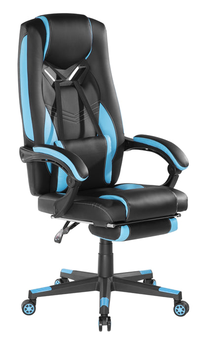 Brateck Premium PU Gaming Chair with Lumbar Support and Retractable Footrest (63x71x119~129cm) up to 150kg-PU Leather,PVC Leather-Black-Blue