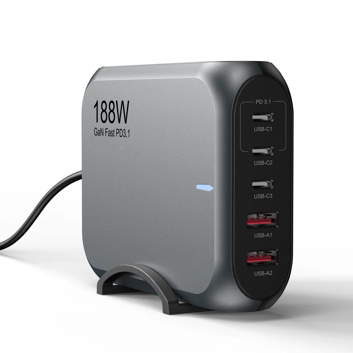 USP 188W Five Ports USB-C PD GaN Wall Charger Black - 3x USB-C, 2x USB-A, Efficient, High Quality, Tablet, Laptop,Watch,Mobile Phone, iPhone, Samsung