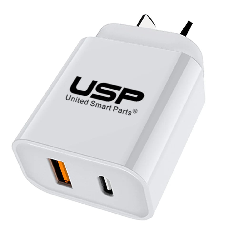 Gaming DesktopUSP 20W Dual Port (20W USB-C PD + 18W USB-A QC3.0) Fast Wall Charger White - Safe Charge