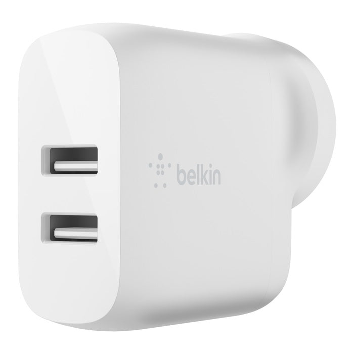 Belkin BoostCharge Dual USB-A Wall Charger 24W - White (WCB002auWH), 2xUSB-A (12W), Dual Port Fast charger, $2,500 Connected Equipment Warranty,2YR