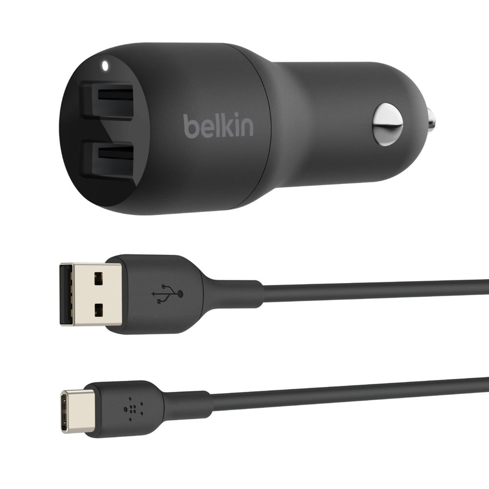 Belkin BoostCharge Dual USB-A Car Charger 24W + USB-C to USB-A Cable (1M) - Black 