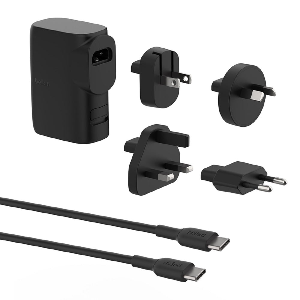 Belkin BoostCharge Hybrid Dual Port Wall Charger 25W + Power Bank 5K + Travel Adapter Kit - Black (BPZ003bt1MBK-B6),1x USB-C and 1x USB-A,Travel Ready