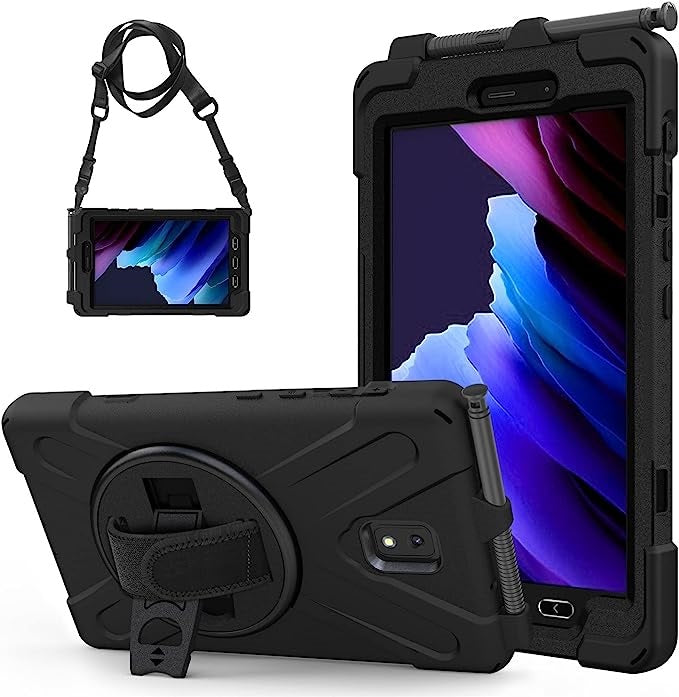 Generic Rugged Samsung Galaxy Tab Active5 / Tab Active3 (8') Case Black - Built-in-Kickstand, Adjustable Hand Strap, Pen Holder, DropProof