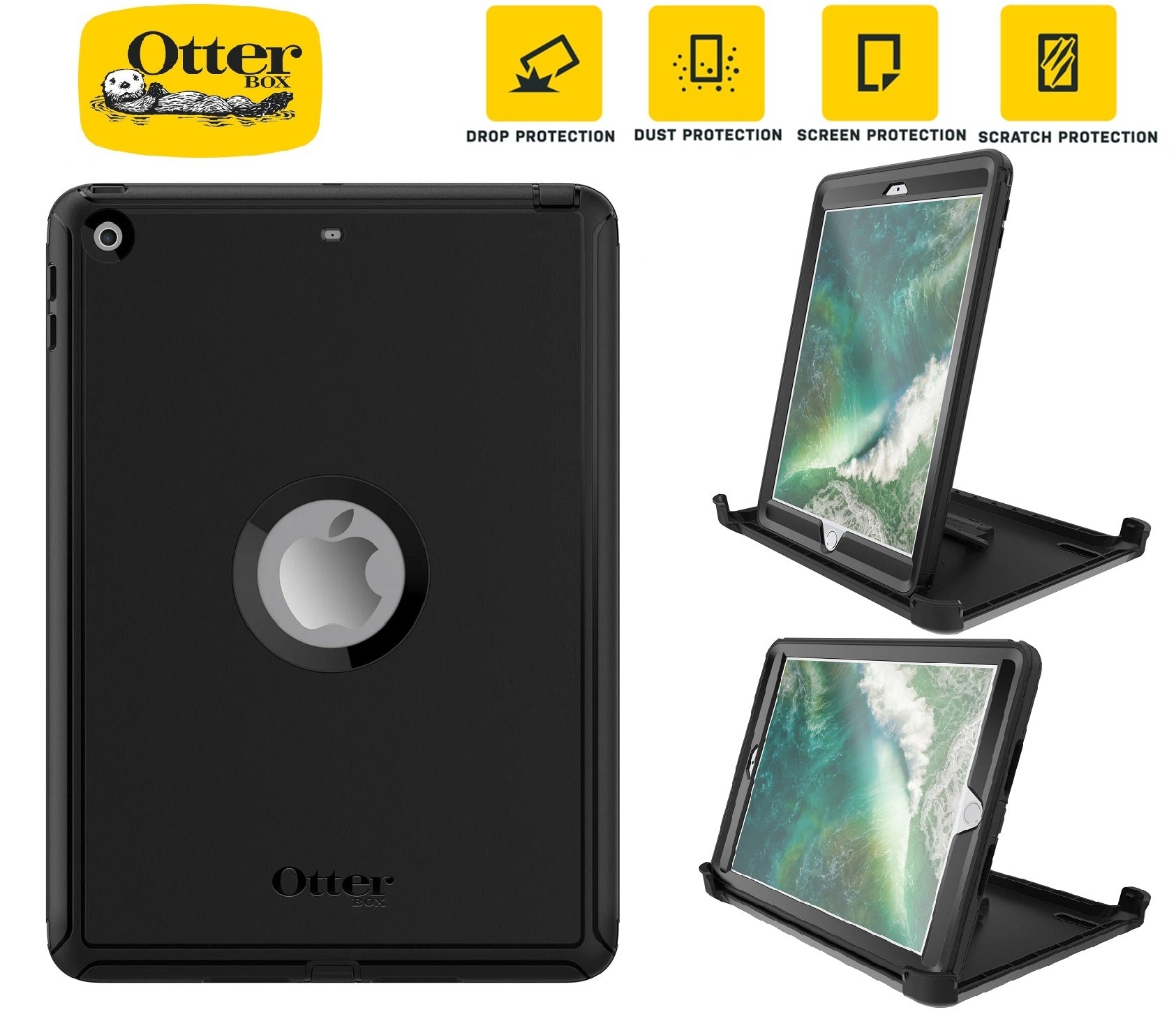 OtterBox Defender Apple iPad (9.7') (6th/5th Gen) Case Black - (77-55876), DROP+ 2X Military Standard, Built-in Screen Protection, Multi-Position