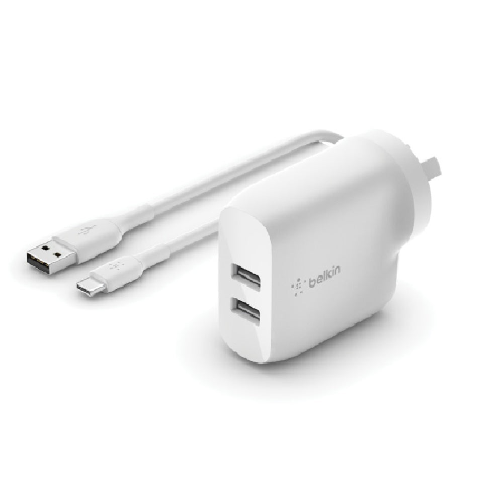 Belkin BoostCharge Dual USB-A Wall Charger 24W + USB-C to USB-A cable (1M) - White