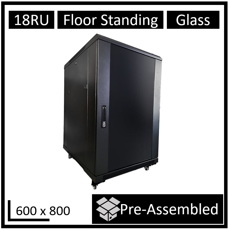 LDR Assembled 18U Server Rack Cabinet (600mm x 800mm) Glass Door, 1x 8-Port PDU, 1x 4-Way Fan, 2x Fixed Shelves - Black Metal Construction