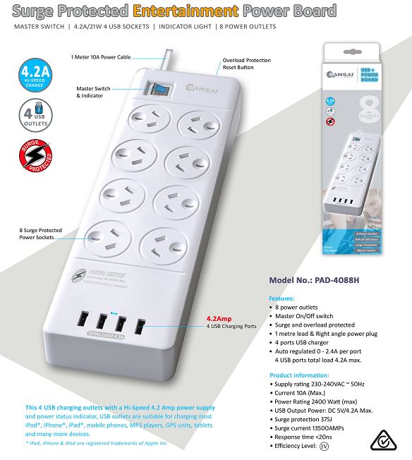 Sansai 8 Outlets & 4 USB Outlets Surge Protected Powerboard Master On/Off switch 1M lead & Right angle plug 230-240VAC IV Retail box