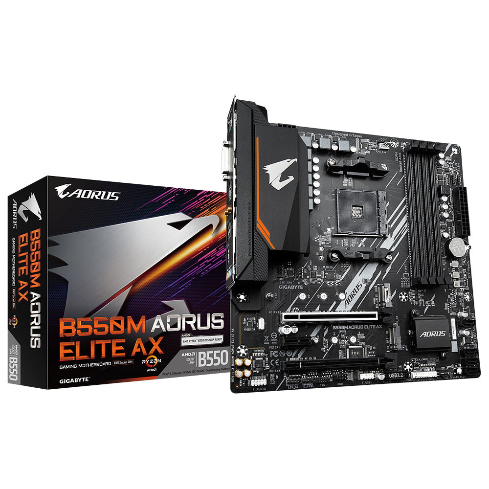 GIGABYTE B550M AORUS ELITE AX Motherboard - Supports AMD Ryzen 5000 CPUs, 5+3 Phases Pure Digital VRM, up to 4733MHz DDR5 (OC), 1xPCIe 4.0 M.2, Wi-Fi 6E, GbE LAN, USB 3.2 Gen 2