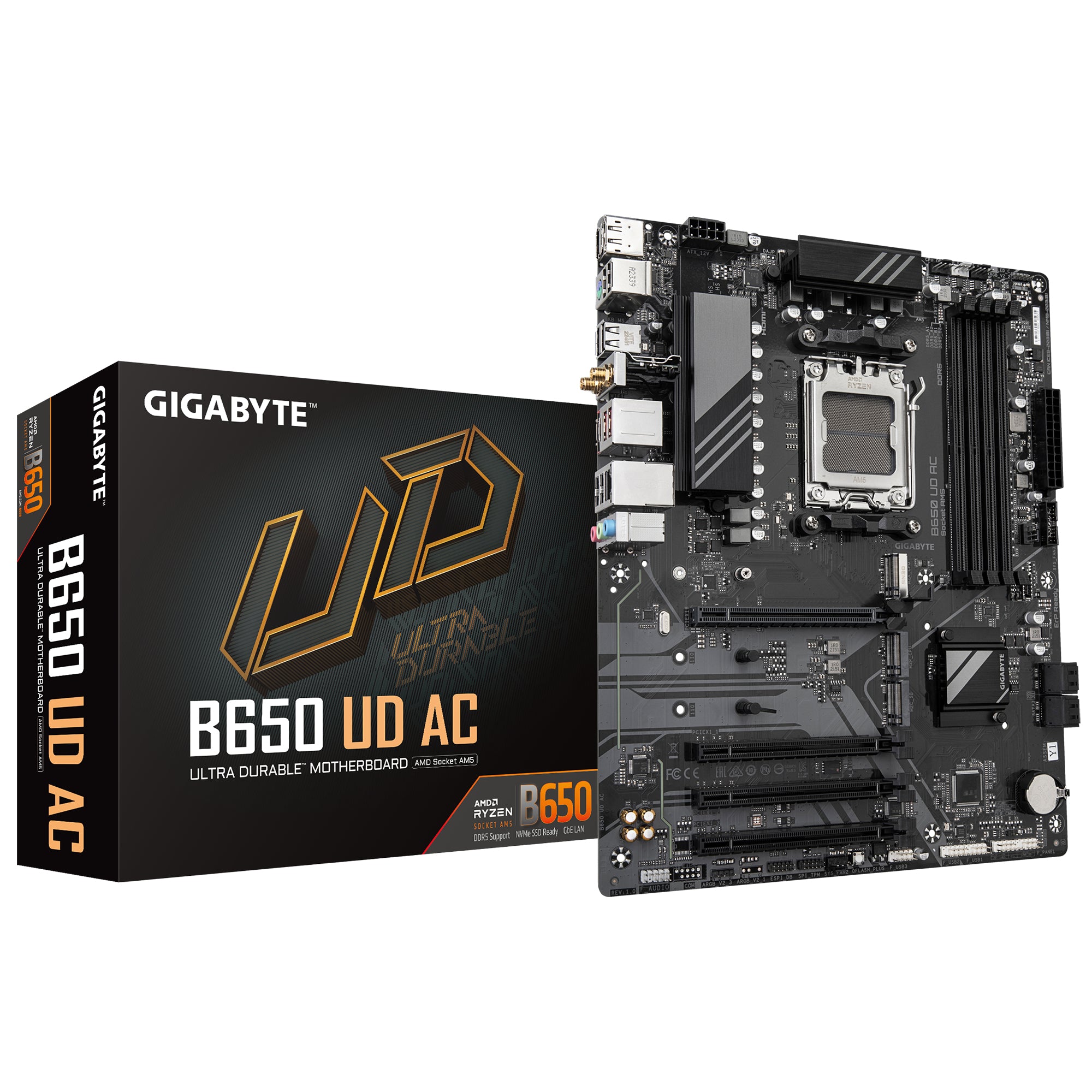 GIGABYTE B650 UD AC Motherboard - Supports AMD Ryzen 8000 CPUs, 6+2+2 Phases Digital VRM, up to 7600MHz DDR5, 1xPCIe 5.0 M2 + 2xPCIe 4.0 M.2, Wi-Fi 6E, GbE LAN , USB 3.2 Gen 2