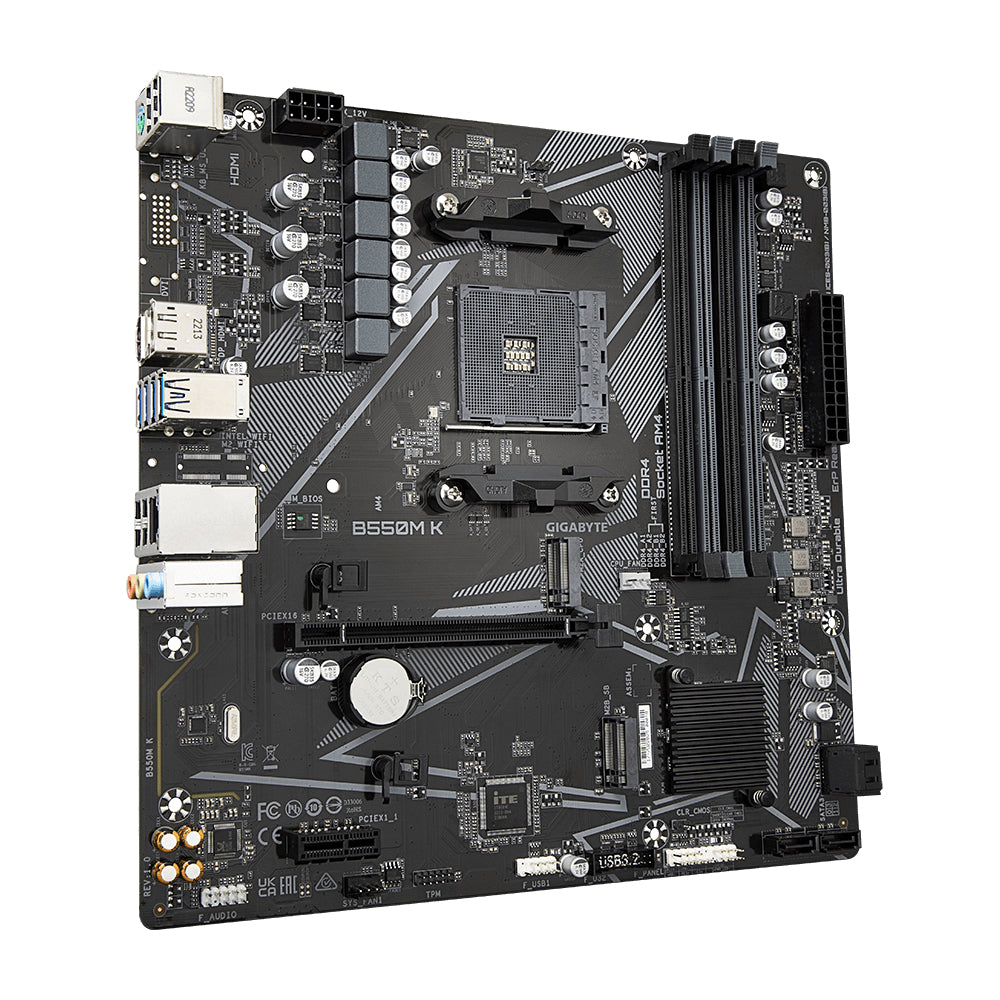 GIGABYTE B550M K Motherboard - Supports AMD Ryzen 5000 Series AM4 CPUs, up to 4733MHz DDR4 (OC), 2xPCIe 3.0 M.2, GbE LAN, USB 3.2 Gen1