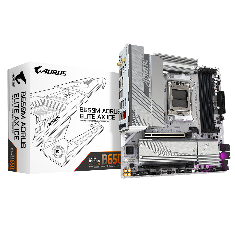 GIGABYTE B650M AORUS ELITE AX ICE Motherboard - Supports AMD Ryzen 8000 CPUs, 12+2+2 Phases Digital VRM, up to 8000MHz DDR5 (OC), 1xPCIe 5.0 + 1xPCIe 4.0 M.2, Wi-Fi 6E, 2.5GbE LAN, USB 3.2 Gen 2