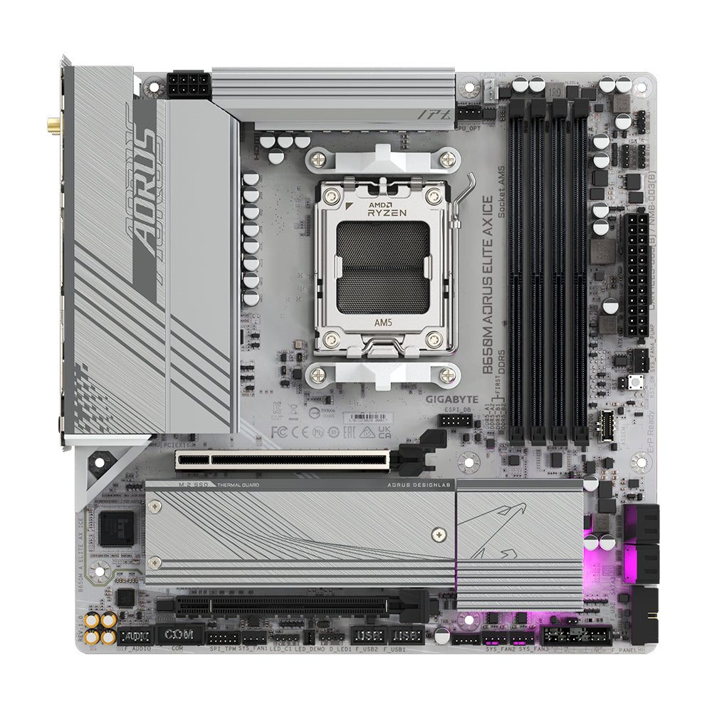 GIGABYTE B650M AORUS ELITE AX ICE Motherboard - Supports AMD Ryzen 8000 CPUs, 12+2+2 Phases Digital VRM, up to 8000MHz DDR5 (OC), 1xPCIe 5.0 + 1xPCIe 4.0 M.2, Wi-Fi 6E, 2.5GbE LAN, USB 3.2 Gen 2