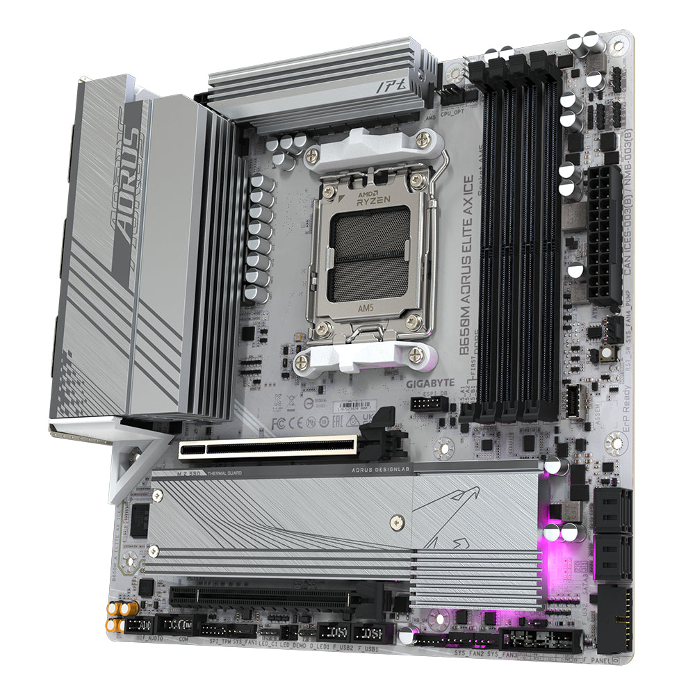 GIGABYTE B650M AORUS ELITE AX ICE Motherboard - Supports AMD Ryzen 8000 CPUs, 12+2+2 Phases Digital VRM, up to 8000MHz DDR5 (OC), 1xPCIe 5.0 + 1xPCIe 4.0 M.2, Wi-Fi 6E, 2.5GbE LAN, USB 3.2 Gen 2