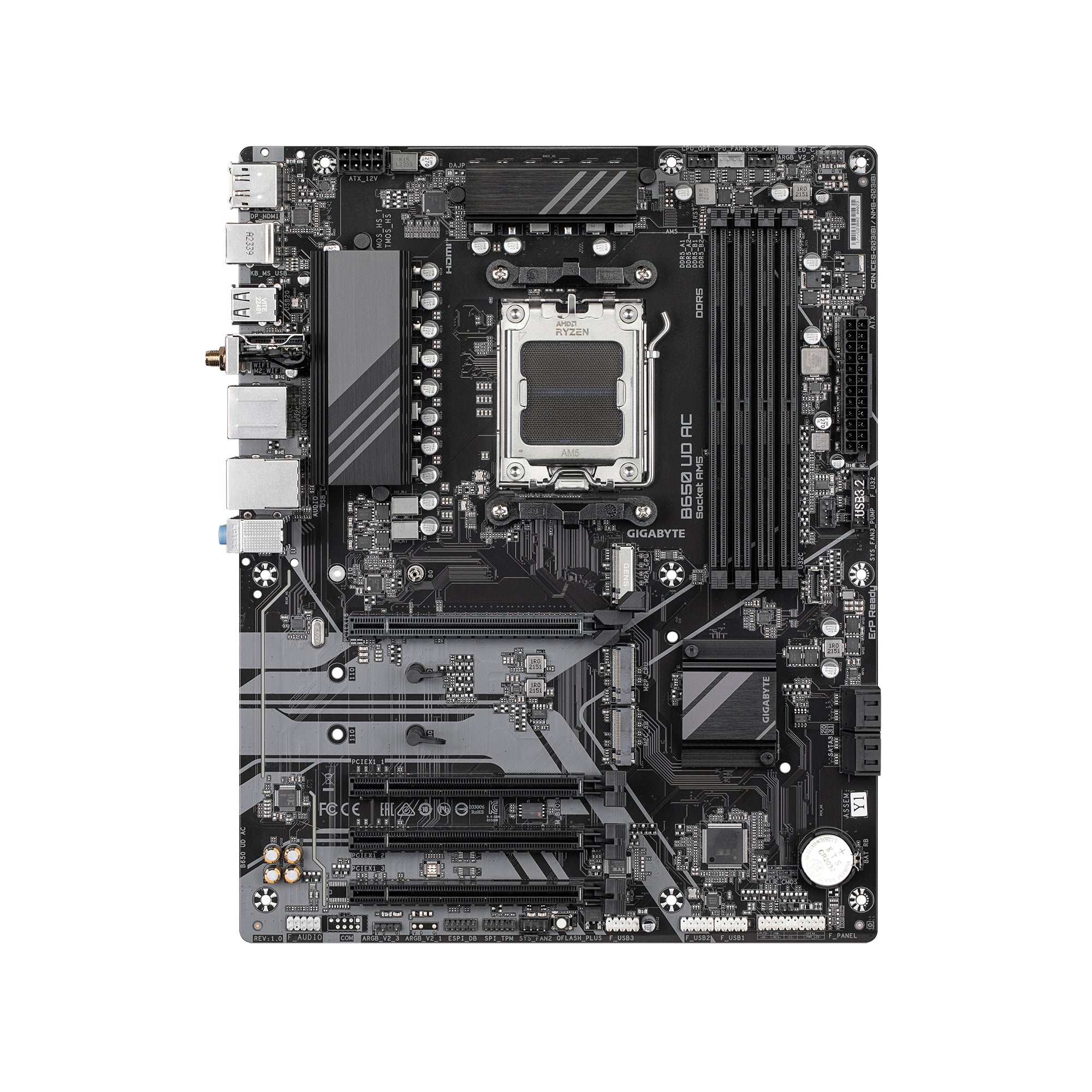 GIGABYTE B650 UD AC Motherboard - Supports AMD Ryzen 8000 CPUs, 6+2+2 Phases Digital VRM, up to 7600MHz DDR5, 1xPCIe 5.0 M2 + 2xPCIe 4.0 M.2, Wi-Fi 6E, GbE LAN , USB 3.2 Gen 2